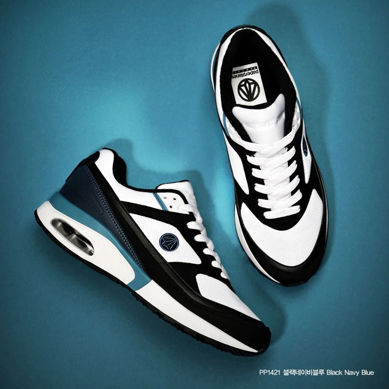 

Paperplanes PP1421 Premium Air Cap Leather Lace Up Training Shoes Trainers Sneakers-Black Navy Blue