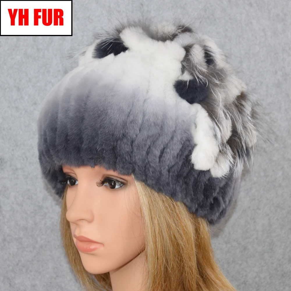 Эластичный женский Настоящий мех кролика Skullies шапки Роскошные вязаные цветы натуральная шапка из меха кролика рекс зимние натуральный мех шапочки