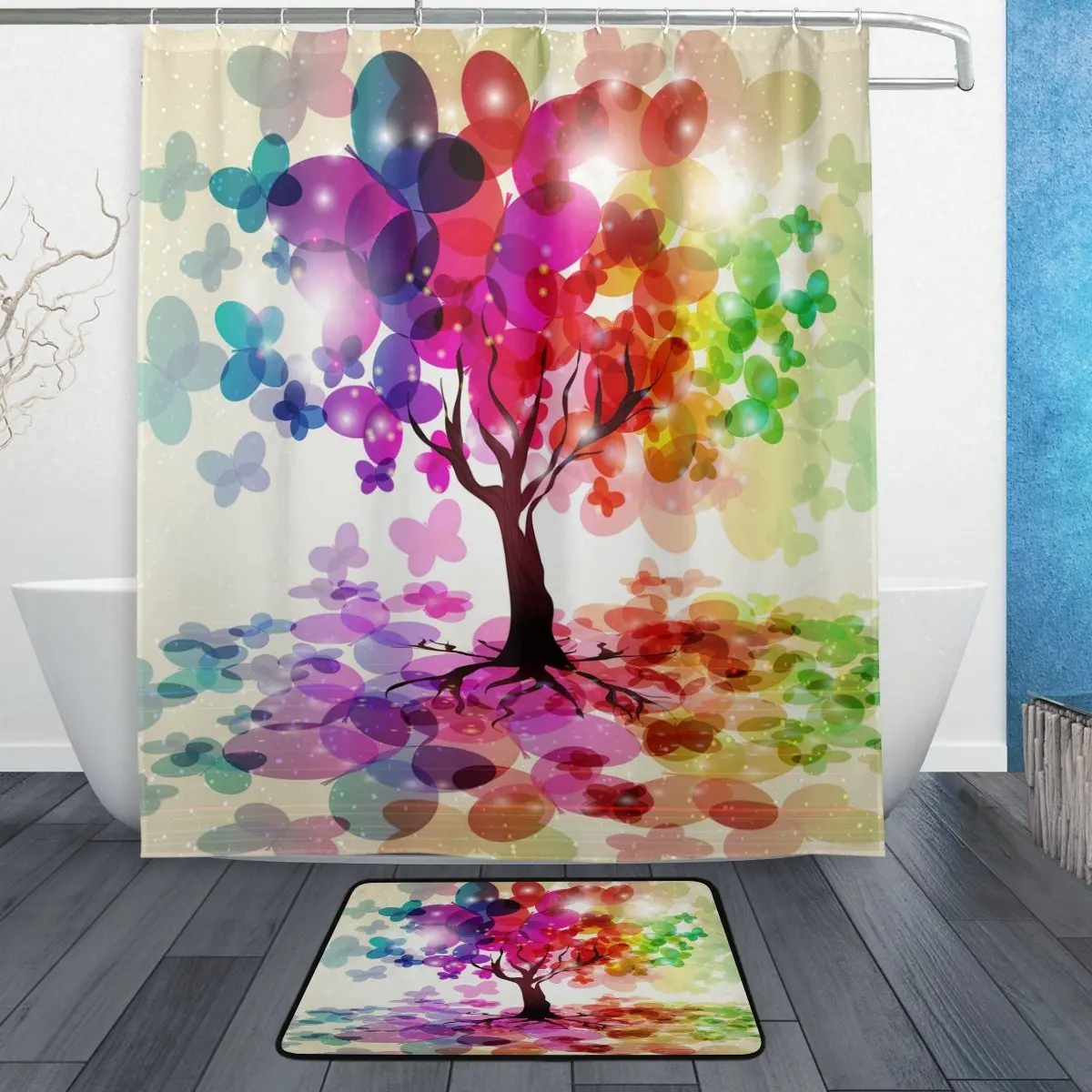 

Abstract Colorful Tree Butterfly Waterproof Polyester Fabric Shower Curtain with Hooks Doormat Bath Floor Mat Bathroom