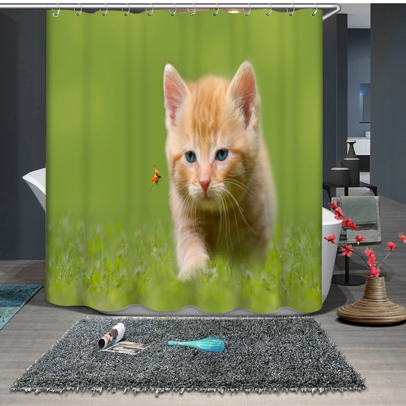 Занавеска для душа с 3D рисунком милого маленького кота и собаки Штора ванной