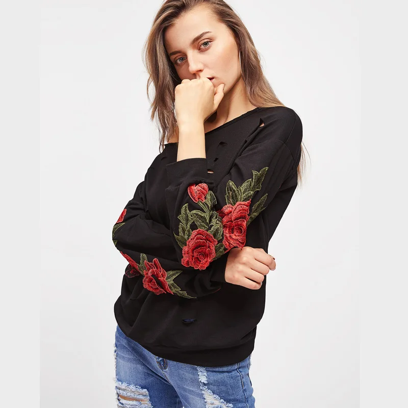 Осень Для женщин Элегантный цветочный Вышивка Толстовки Long Sleeve Drop Shoulder пикантные