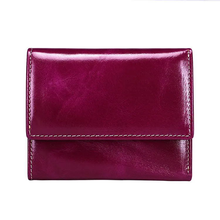 rose red Новинка, женский короткий кошелек из натуральной кожи с блокировкой RFID, мини-кошелек с тремя сложениями на молнии, карман для монет, вощеная коровья кожа, держатель для карт - Цвет: rose red