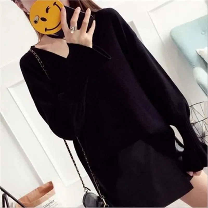 v neck blac Женский Повседневный свободный свитер с разрезом, милый галстук-бабочка, короткий пуловер с расклешенными рукавами, студенческий женский осенне-зимний топ Sueter XH1050 - Цвет: v neck blac
