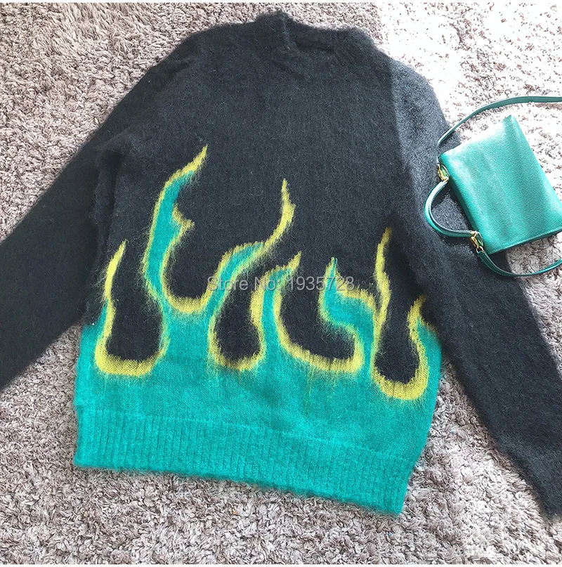 F/W стильный женский черный контраст Зеленый Желтый Пламя пэчворк вязаный пуловер свитер-леди Crewneck тональный сшитый свитер