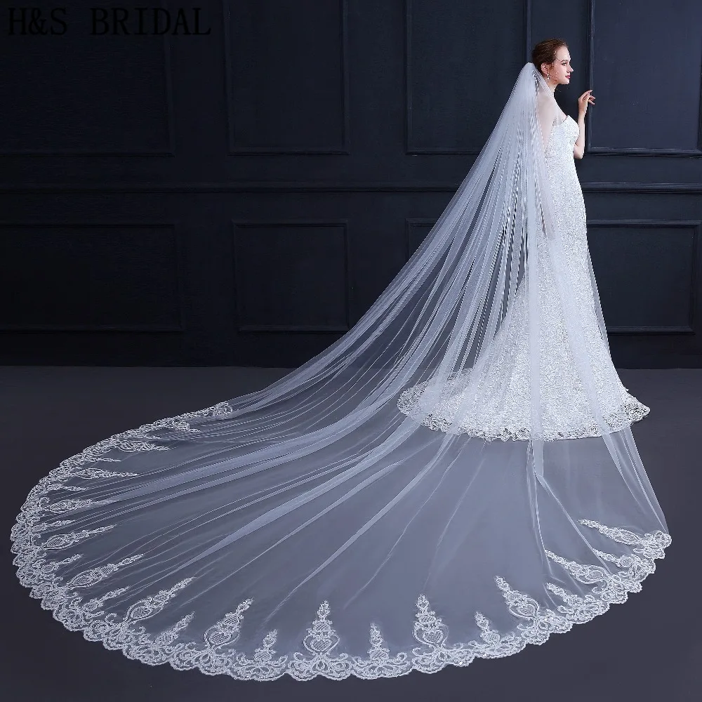 

H&S Bridal Lace Edge Wedding Veil 3M long veil bridal accessories cathedral wedding veil Voile de mariee velo sposa
