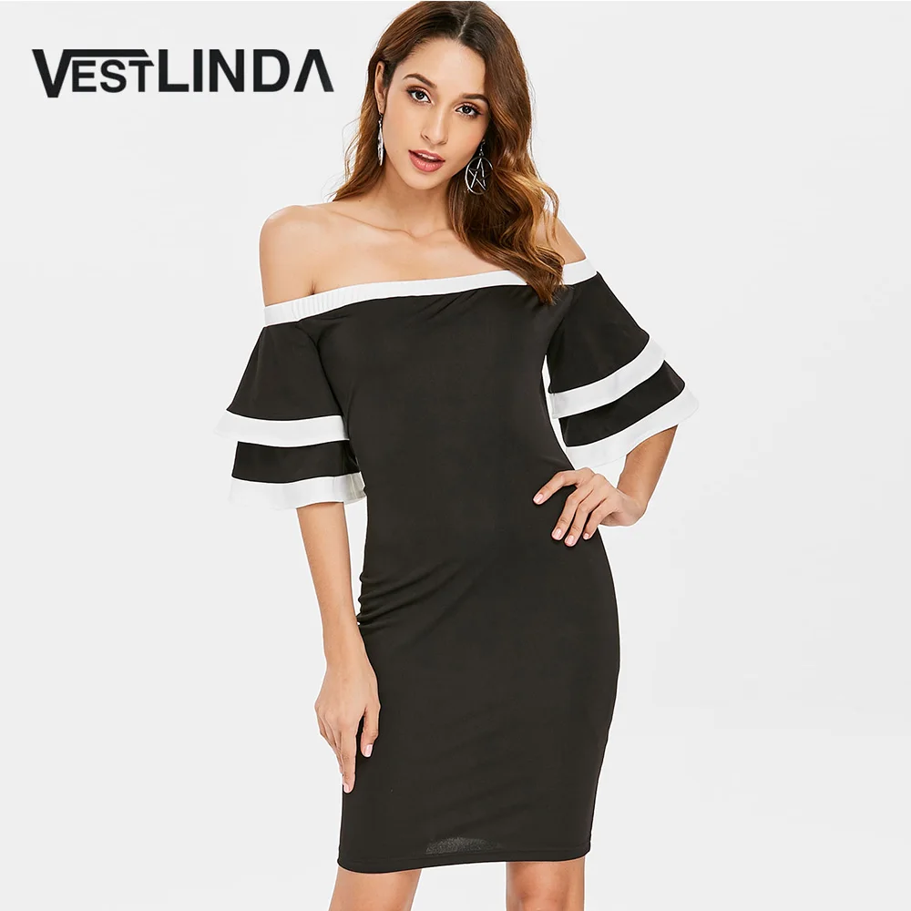 VESTLINDA облегающее платье с открытыми плечами и расширяющимся книзу рукавом черное