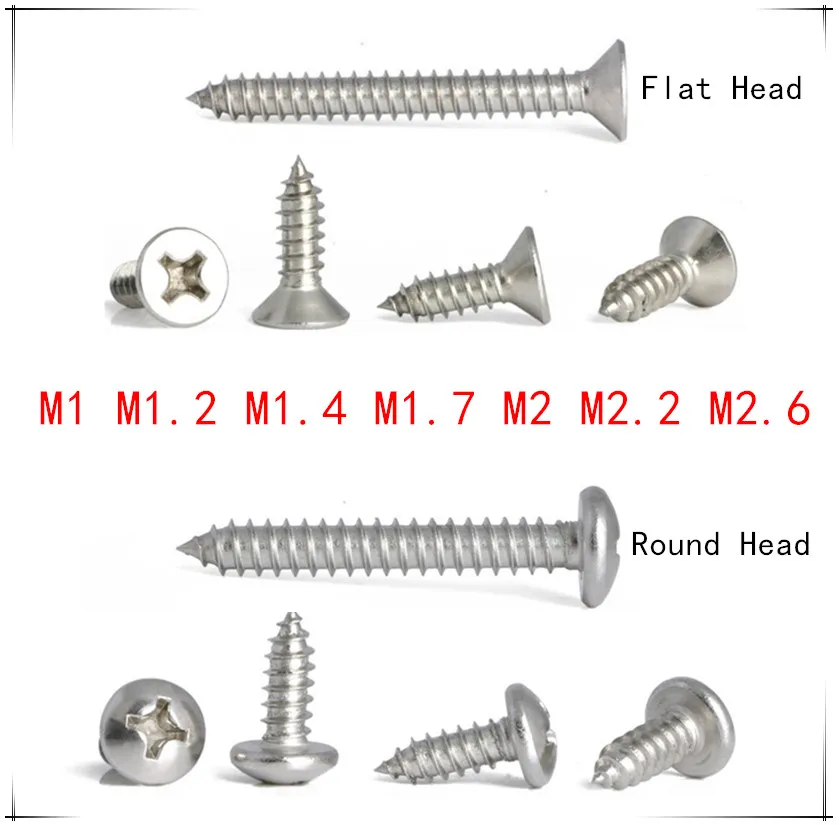 Нержавеющая сталь винтов Phillips M1/M1.2/M1.4/M1.7/M2/M2.2/M2.6* 3/4/5/6/8 мм винт с потайной плоской/с круглой головкой Самонарезающий винт с плоской головкой, болты