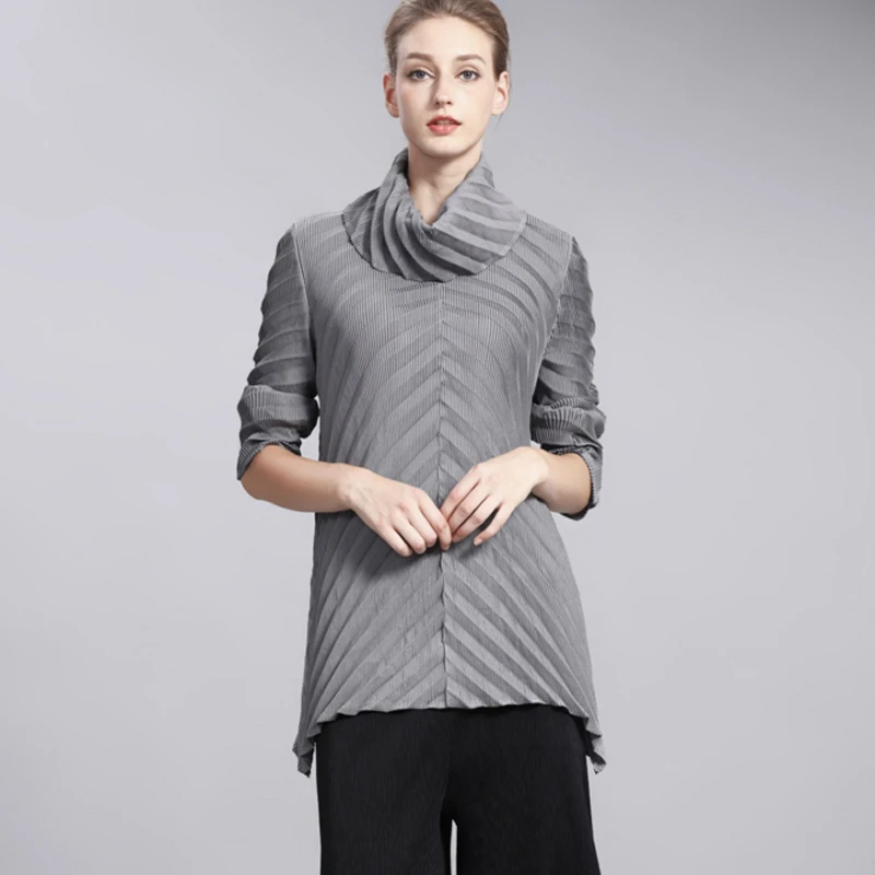 Changpleat Осенняя футболка Miyak плиссированный косой дизайн тонкий длинный рукав Высокий воротник футболка s для женщин плюс размер T7997