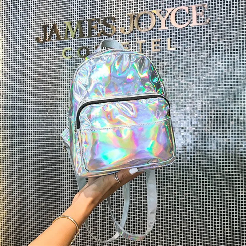 

Women School Shiny Laser Mini Travel Student Cute Ladies Leather Hologram Backpacks Silver Small Holographic Backpack