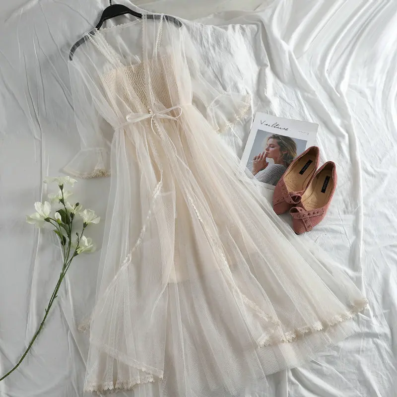 Women Dress Женское летнее плиссированное платье с расклешенными рукавами, на шнуровке, Бандажное платье с оборками, повседневное эластичное тонкое платье с высокой талией без бретелек, сетчатая вуаль, платье - Цвет: Women Dress