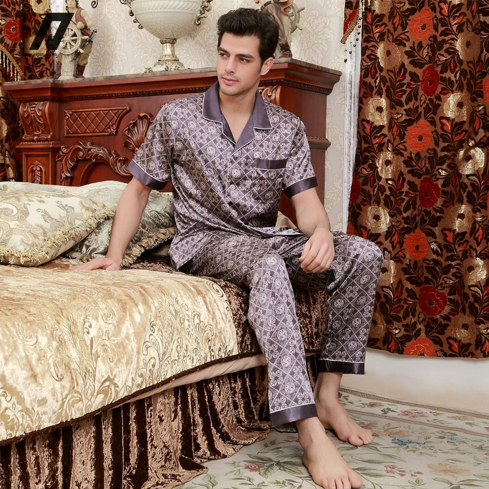 Шелковые комплекты пижамы атласа ночная мужчины лето Loungewear пижама комплект с