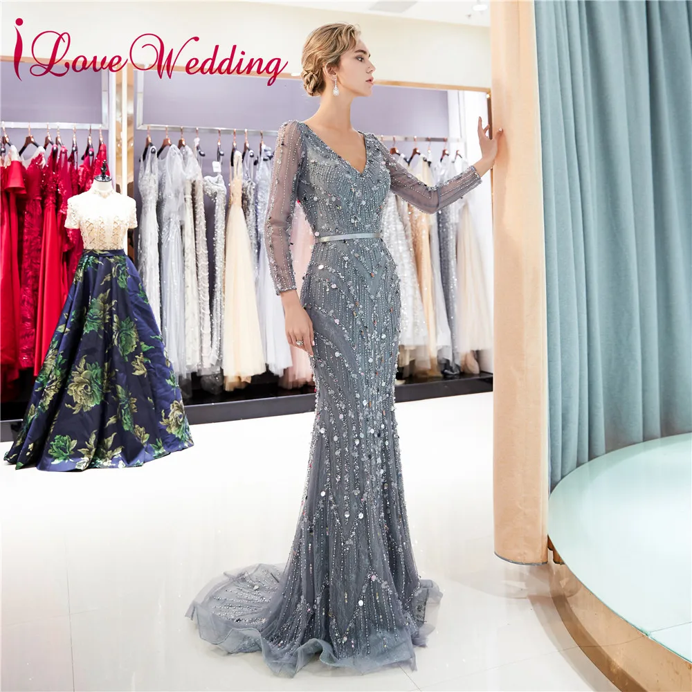 Серый вечернее платье одежда с длинным рукавом v-образным вырезом Vestido de fiesta