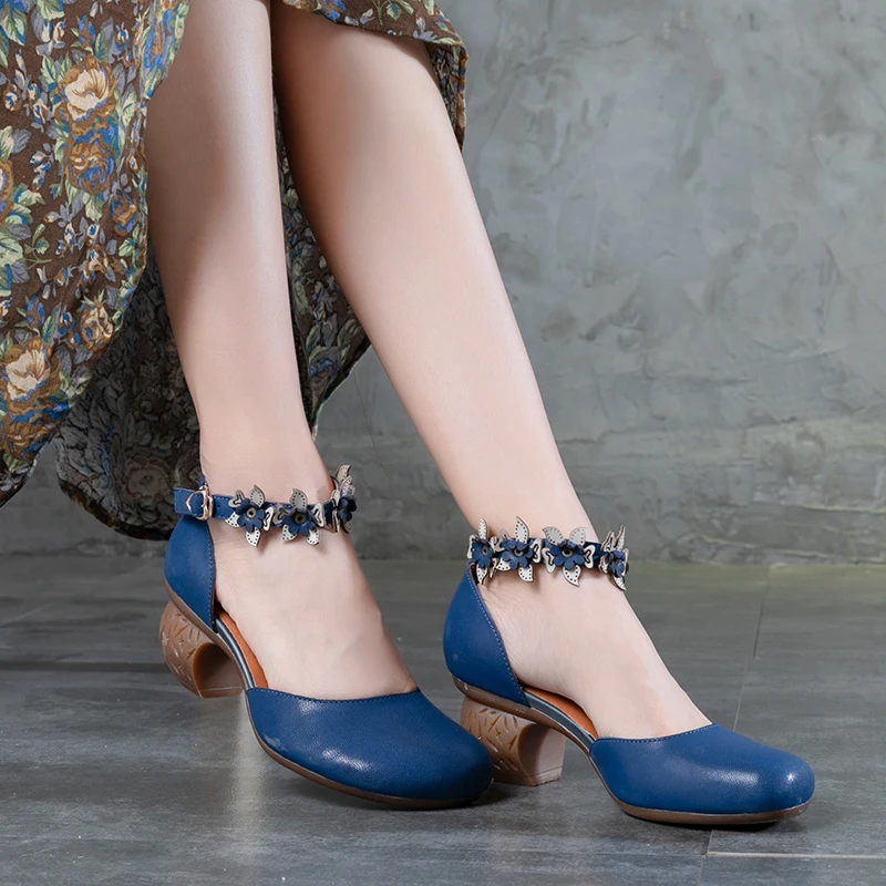 

2018 VALLU New Summer Leather Shoes Women Pumps Ankle Strap Flower Buckle Handamde Vintage Sheepskin Ladies Block Heel Shoes