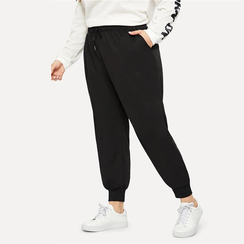 Dotfashion размера плюс черный кулиска на талии однотонные штаны Для женщин Повседневное уличная впитывает пот и Штаны осеннее модное платье с длинными брюками