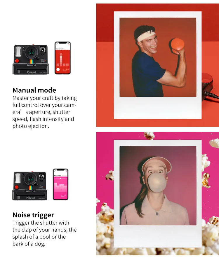 К телефону подключена камера Polaroid Originals Onestep+ White и Black rainbow с пленкой i-type 600 и Bluetooth