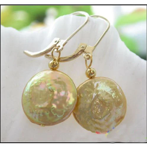 

Elegant 100% Genuine Freshwater Pearl Dangle Earrings For Women,Huge 12-15mm Gold Coin Pearl Jewellery
