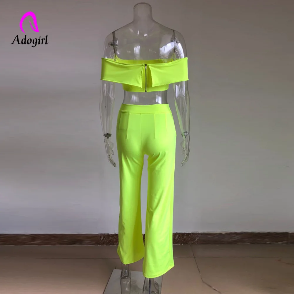 

Adogirl Neon Slash Neck Two Piece Set Off Shoulder Elegant Women Crop Top and Wide Leg Pants Bodycon Long Trousers Women Suits