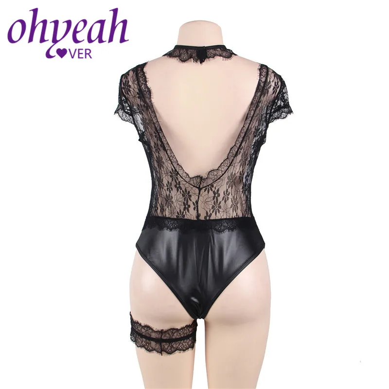 Ohyeahlover, новинка, боди, черное, кружевное, боди, костюмы, кожа, пэчворк, комбинация, Тедди, с чокером, v-образный вырез, женские комбинезоны, RM80624