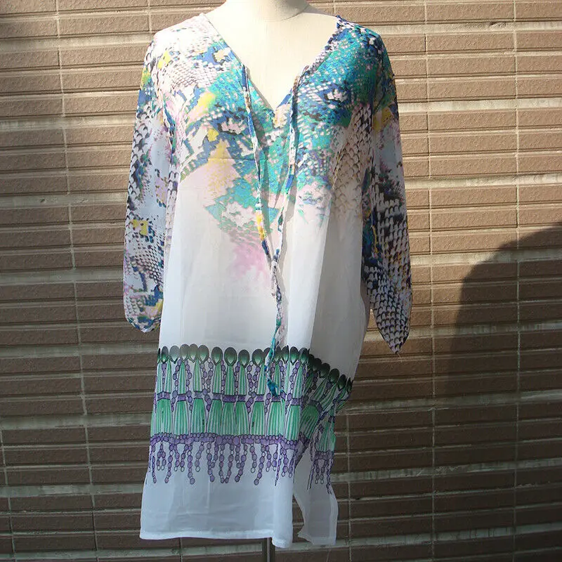 

Womens Summer Chiffon Bikini Cover Up Swimwear Kaftan Boho Mini Sun Dress V-neck Ladies Beachdress