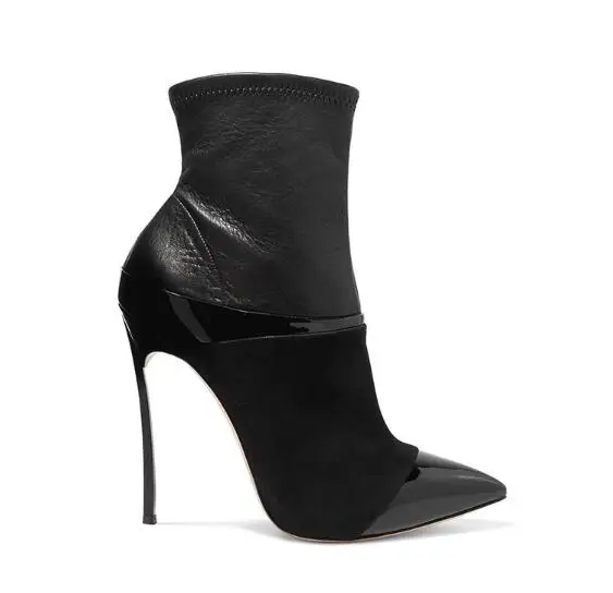 Beste Big Size Zwart Lakleer Patchwork Dames Blade Hak Enkellaars Stretch Lederen Slip Op Vrouwen Sexy Laarzen Party Laarzen