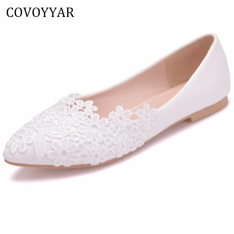 

COVOYYAR White Lace Wedding Shoes Women 2022 Spring Summer Flowers Bride Shoes Pointed Toe Women Ballet Flats Slip On WFS887