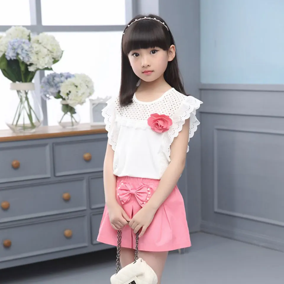 New Baby Girls Fashion 2 Pieces Tops +Shorts Children's Clothes With Small Flower Style Summer Age 3 -12 Years | Детская одежда и