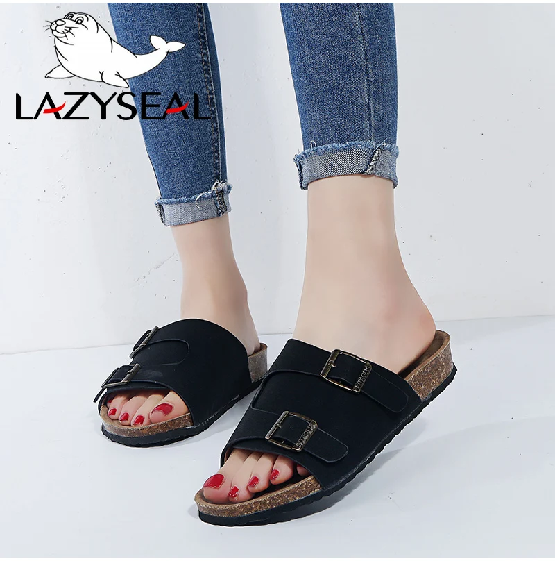 LazySeal/летние пробковые тапочки, женская обувь с пряжкой, шлепанцы, женская обувь, сандалии, вьетнамки, пляжные сандалии на плоской подошве на каблуке, большой размер 44