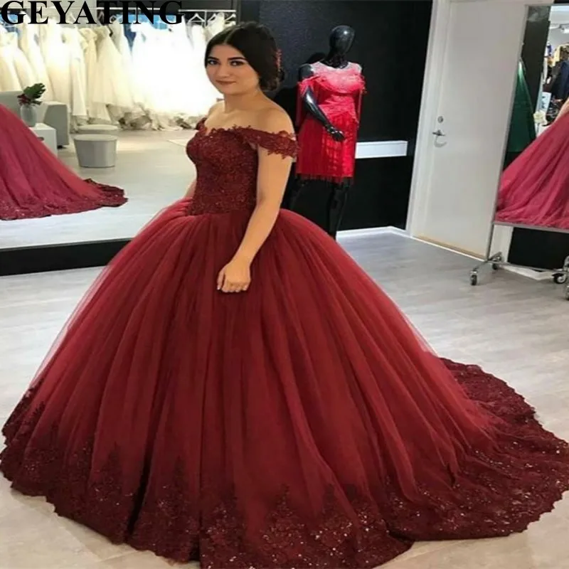 Винно-красное Тюлевое бальное платье Quinceanera платье пышное сладкое 16 платья с открытыми плечами кружевные аппликации Плюс Размер дебютантные платья - Цвет: Same as picture