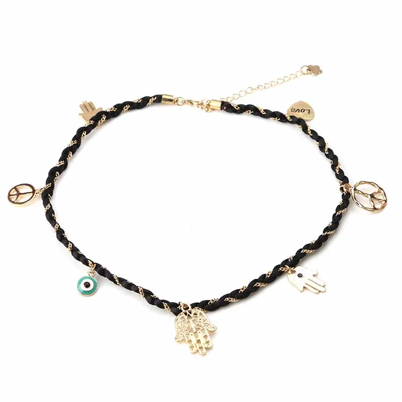 Женский браслет с подвесками Lucky Eye Hamsa черный красный нитью и кисточками модные