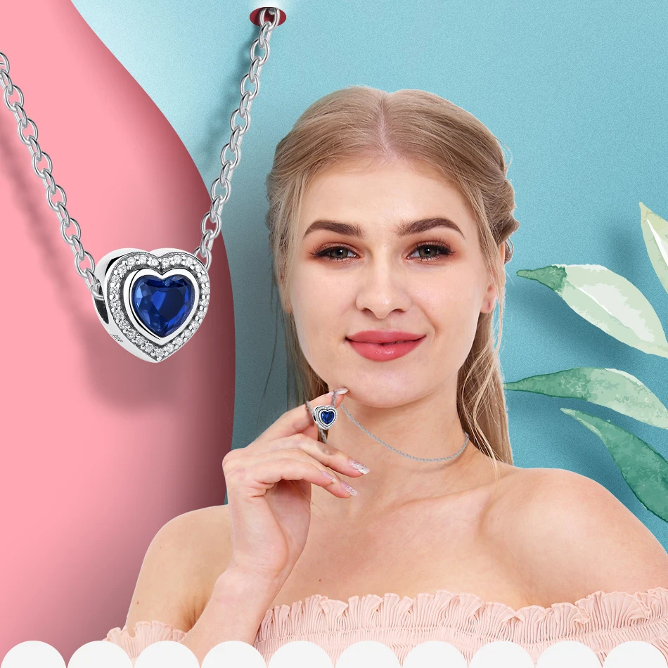 

ELESHE Real 925 Sterling Silver Blue Clear CZ Crystal Heart Charm Beads Fit Original Charms Bracelet Authentic Jewelry
