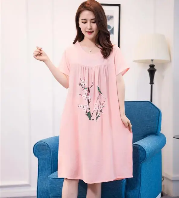 baby pink 1 Летние новые женские пижамы с круглым вырезом удобные с короткими рукавами ночная рубашка Свободные хлопчатобумажные рубашки пижамы плюс размер - Цвет: baby pink 1