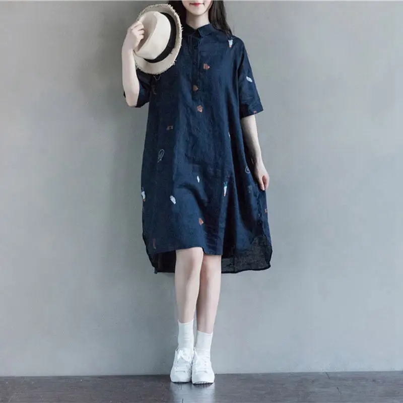 Летнее льняное платье рубашка с отложным воротником и рукавом до локтя|Женские