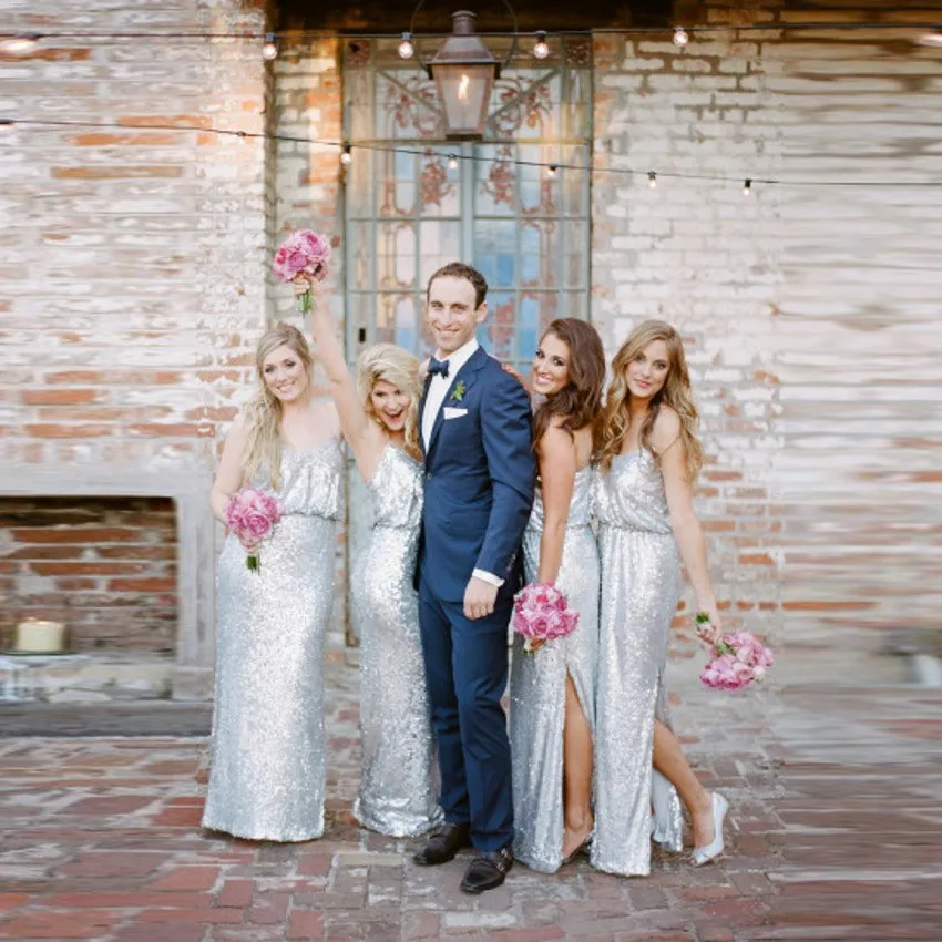 Серебряная Линия Бретельках Блесток Платье Невесты Длинные Свадебные Платья