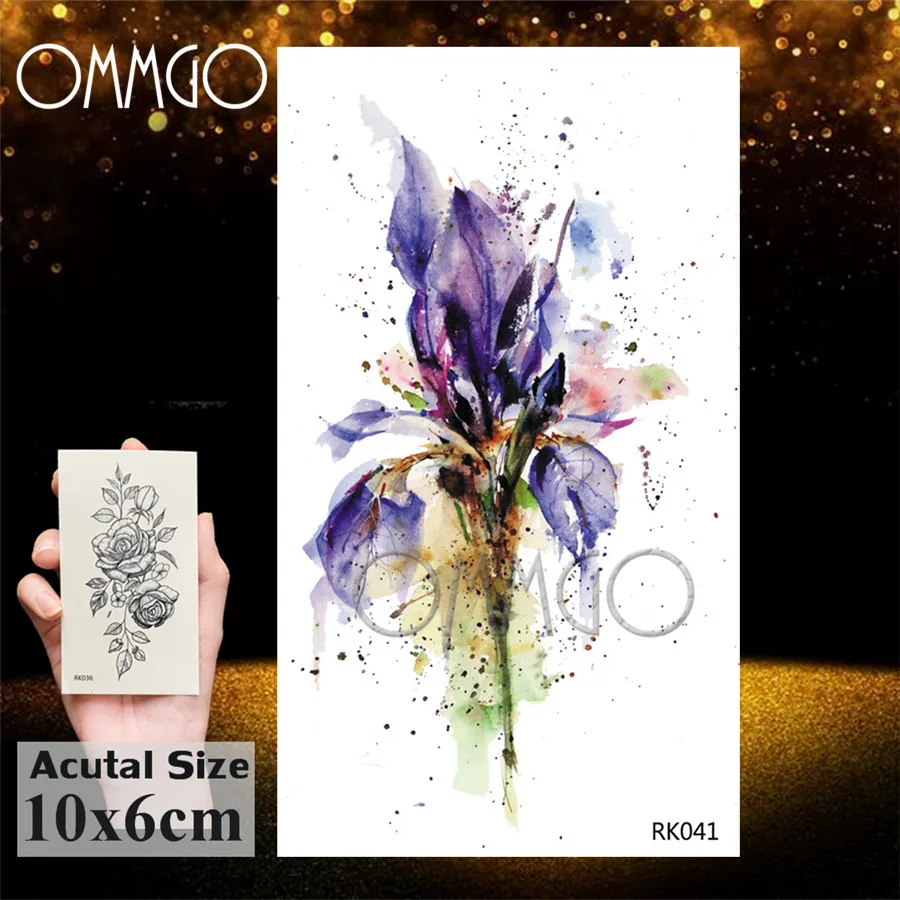 OMMGO акварель цветок Временные татуировки стикер Живопись Флора фиолетовый