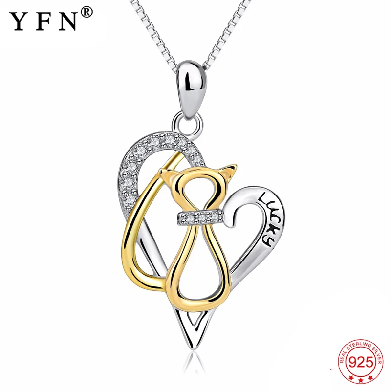

Genuine 925 Sterling Silver Jewelry Love Heart Lucky Necklace Cat Crystal CZ Pendants Necklaces Fashion Jewelry Gift GNX13908