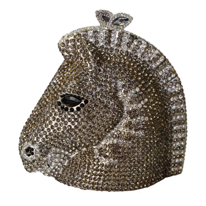 Роскошный вечерний клатч с кристаллами и лошадиной головой Золотая вечерняя