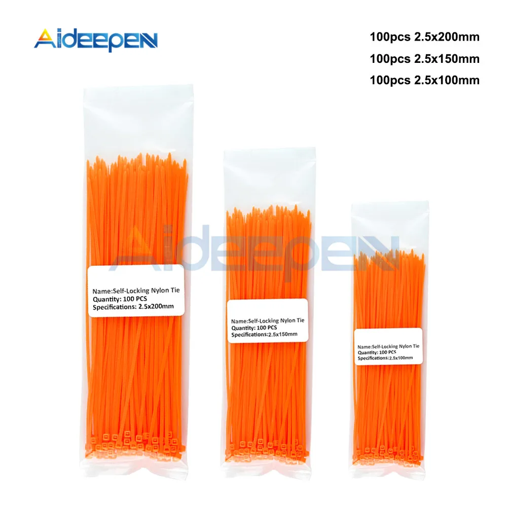 Orange 300 шт. нейлоновые кабельные стяжки самоблокирующиеся пластиковые проволоки с молнией Набор 2,5*200 2,5*150 2,5*100 мм промышленные крепежи и аппаратный кабель - Цвет: Orange