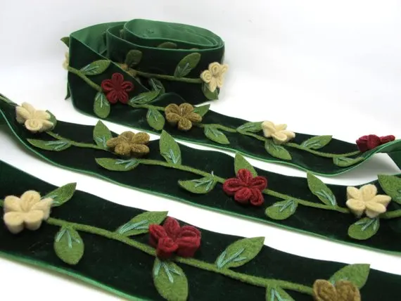 Темно зеленая фетровая Цветочная бархатная отделка 2 дюйма | лента с вышивкой