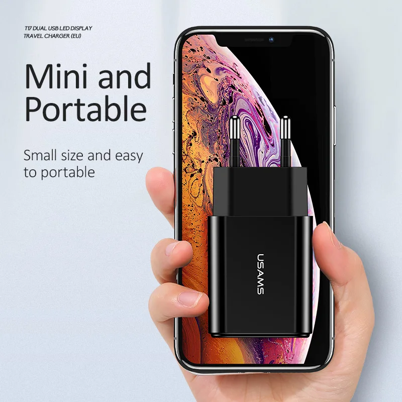 USAMS 2 USB EU LED дисплей зарядное устройство для iPhone Samsung Xiaomi 2.1A Быстрая зарядка