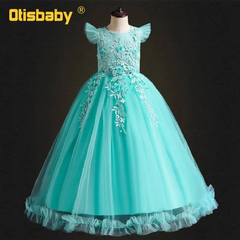 Green Dress Длинное вечернее кружевное платье без рукавов с цветочным рисунком для девочек-подростков Детские платья на свадьбу для девочек возрастом 13 лет, вечерние платья-пачки для выпускного вечера, одежда для девочек - Цвет: Green Dress