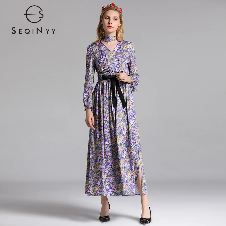 

SEQINYY сексуальные платья 2018, Ранняя осень, модные женские новые винтажные платья с длинным рукавом, поясом, v-образным вырезом, длиной до щикол...