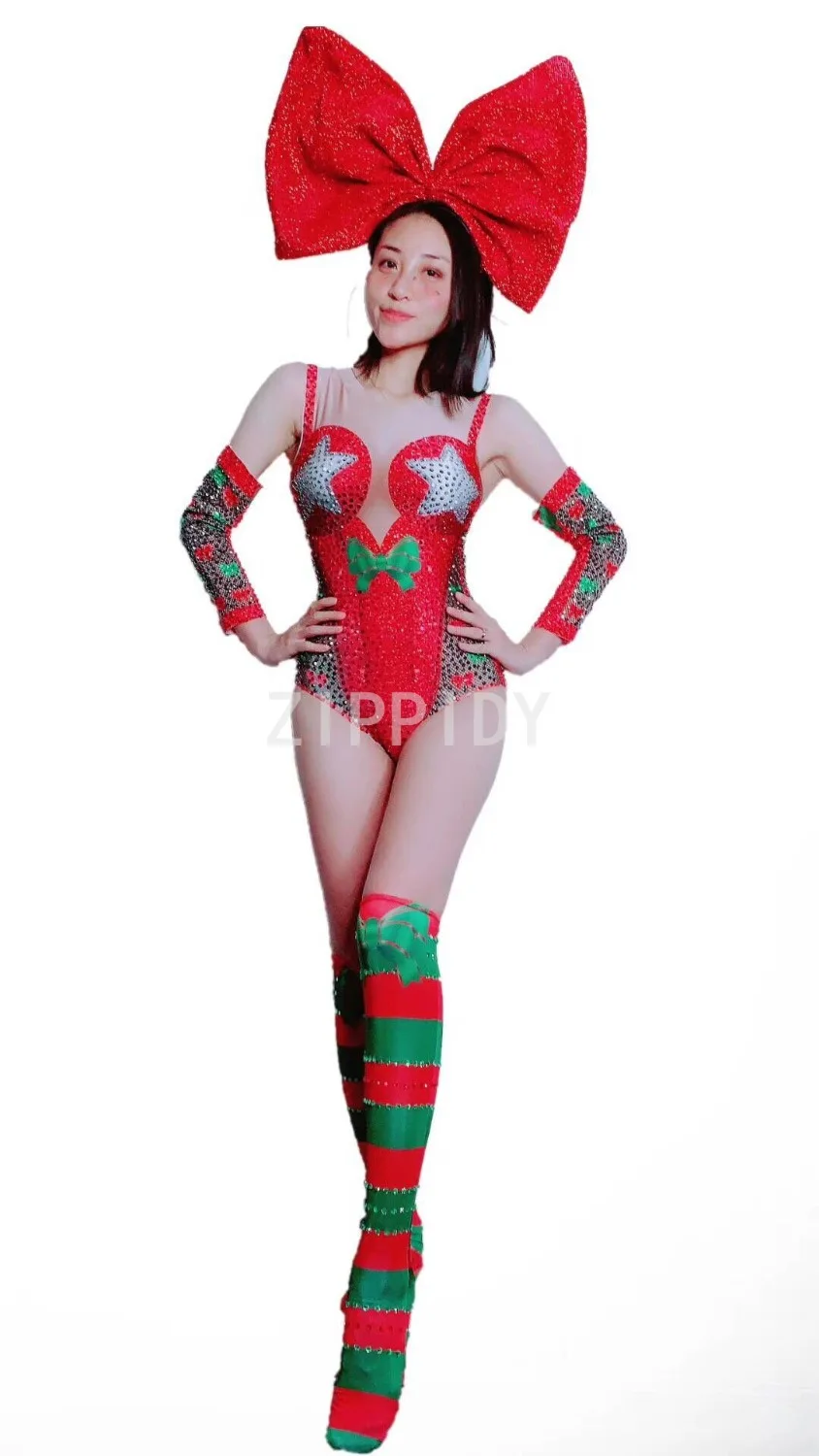 Flashing Red Rhinestones Bodysuit Spandex Leggings Outfit Women Birthday Party Nightclub Women Singer Dance Show Stage Outfit