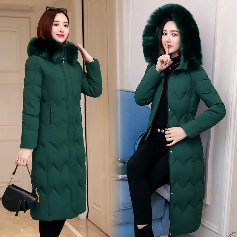 green Шикарное меховое пальто с капюшоном зимнее пуховое пальто теплая куртка плюс размер длинный тонкий женский ватник ватная Женская куртка на меху - Цвет: green