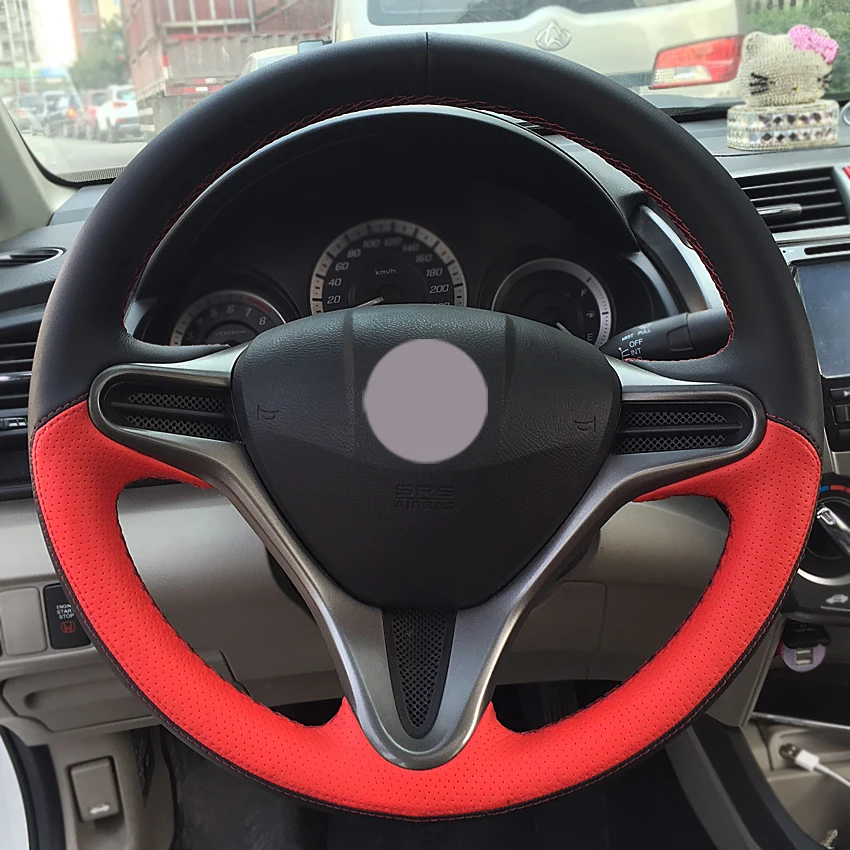 Черная кожа красная искусственная для Honda Fit 2009 2013 City Jazz|car steering wheel cover|steering coverwheel
