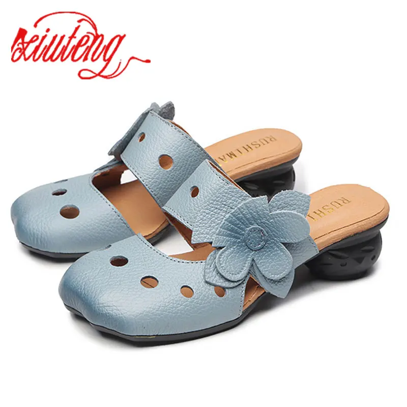Небесно-голубой Xiuteng Hollow Sandals Flowers Pattern Genuine Leather Big Head Adjustable Daily Sandals Ladies Shoes Spring New Women Slippers - Цвет: Небесно-голубой
