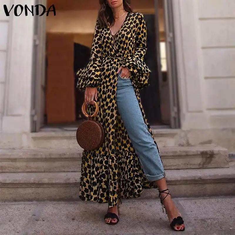 VONDA Sexy Split Maxi Dresses Casual Loose Leopard Print Long Sleeve Women Dress 2020 Autumn Spring V-neck Party Sundress | Женская