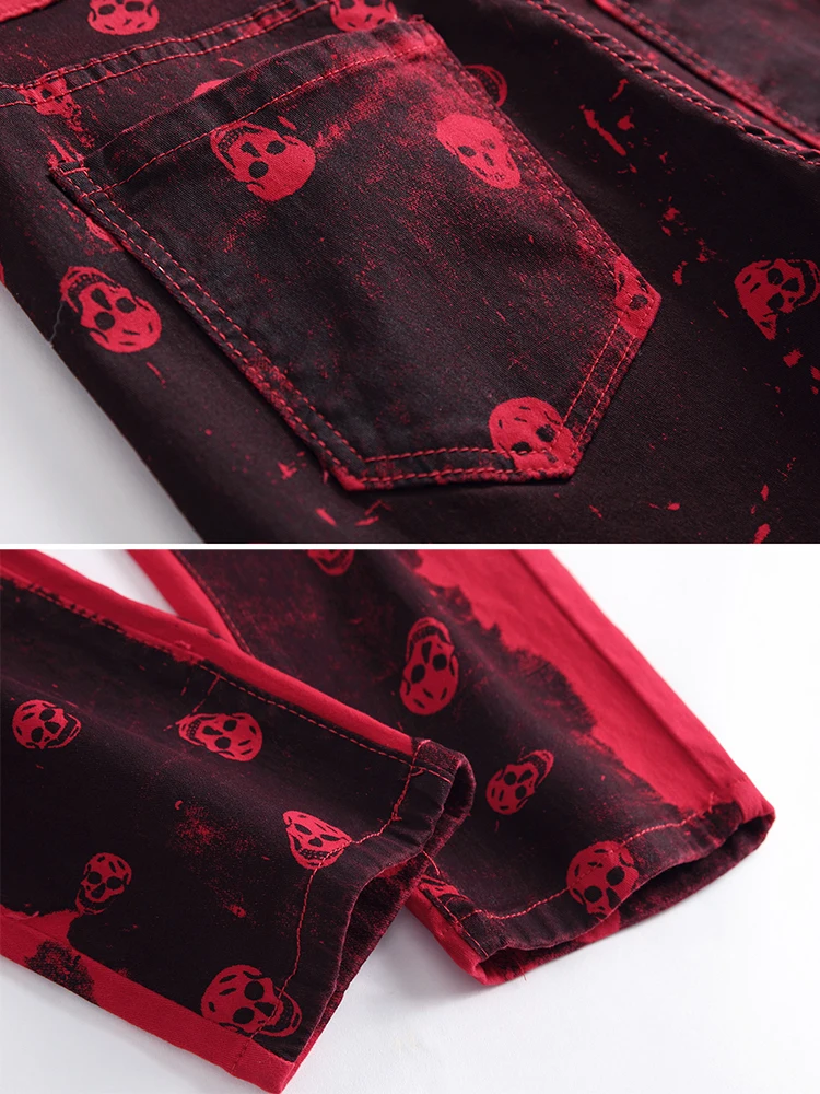 Sokotoo Men's skull printed red denim jeans Plus size fashion slim fit pattern painted stretch pants | Мужская одежда