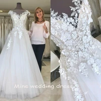 scoop neck wedding dress 2019 a line lace appliques tulle skirt bridal gowns vintage vestido de noiva