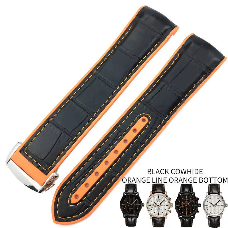black leather orange 19 мм, 20 мм, 21 мм, 22 мм, резиновые силиконовые браслеты для часов с нейлоновым ремешком, складной ремешок с пряжкой, подходит для часов Mido - Цвет ремешка: black leather orange