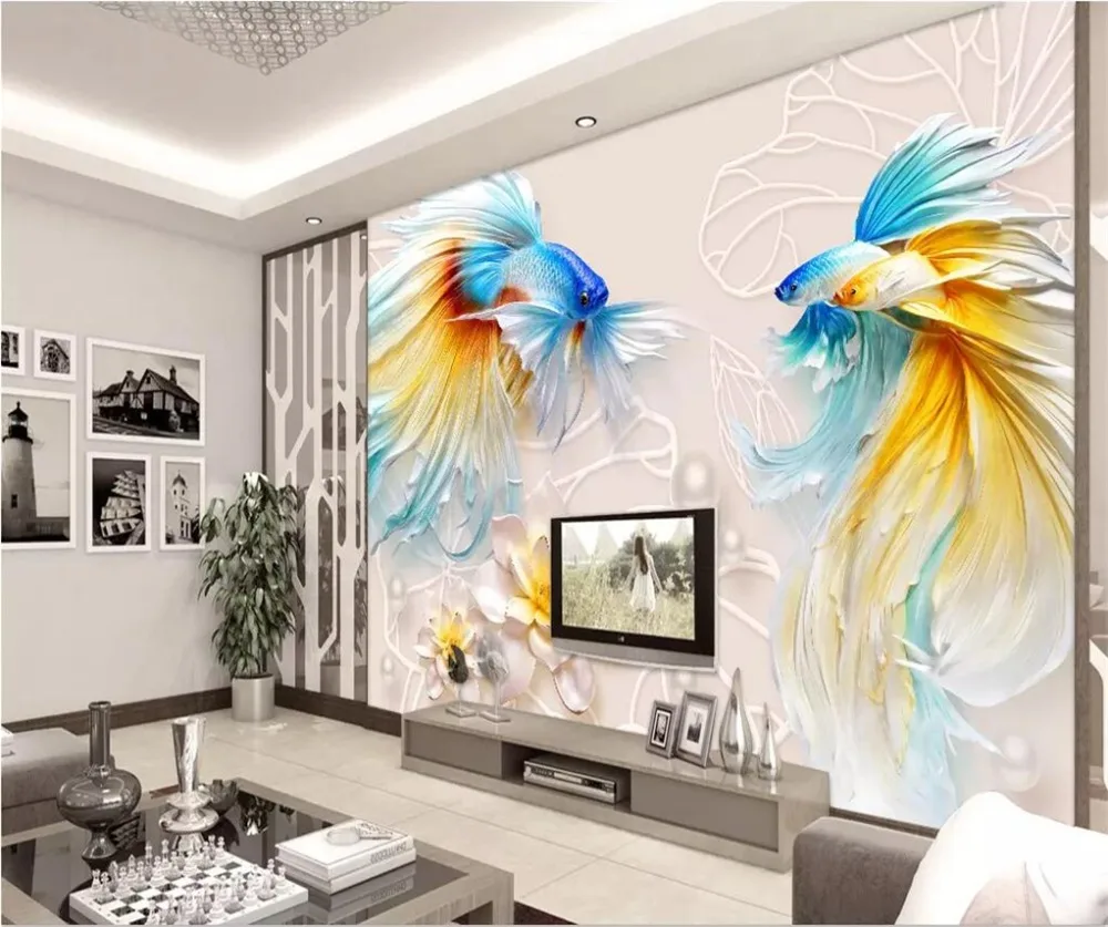 3D стерео рельефные украшения beibehang с золотыми рыбками лотосом фоновая стена для